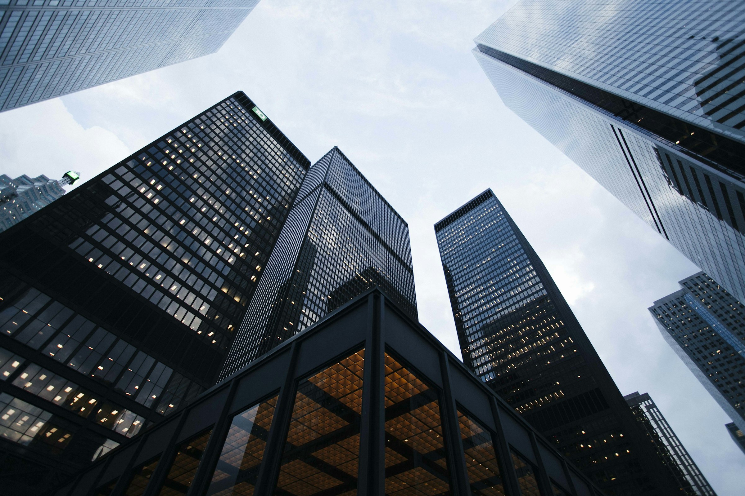 Grand corporate skyline viewed from street level